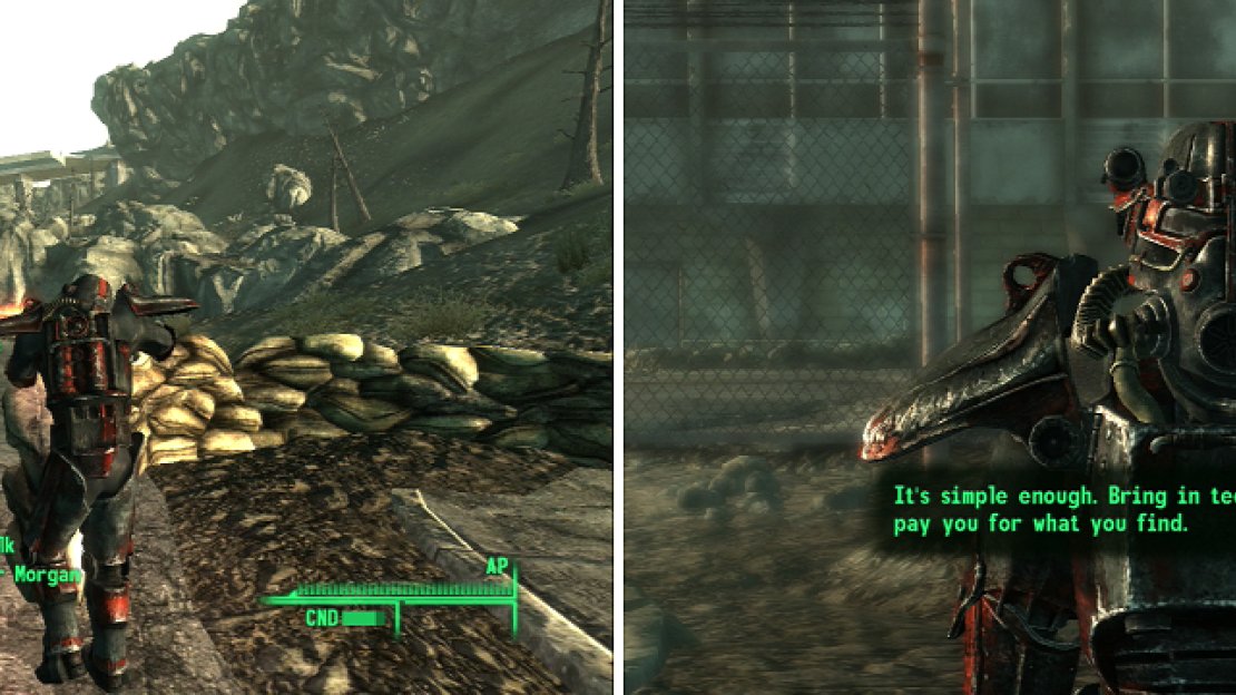 The Brotherhood Outcasts might not be the friendliest bunch (left) but are willing to buy scavanged technology from “the local wildlife” (right). Work for them long enough and you’ll earn their trust.