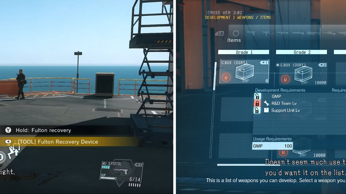 Fulton Recovery (left) is essential for making progress in Mother Base. You can develop items on the fly using your iDroid (right).
