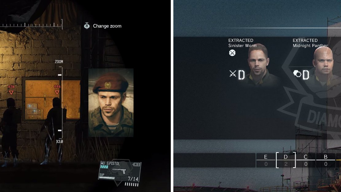 If you catch the Commander with your binoculars and I.D. his face (left) you can confirm he’s the target. Extracting him has benefits since he is usually an elite soldier for Mother Base (right).