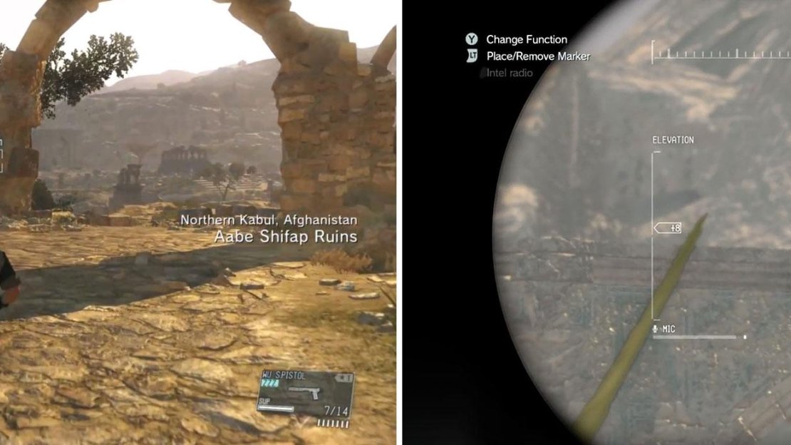 As soon as you enter the valley (left) a fight will commence. Use your Sniper rifle or INT scope (binoculars) (right) to locate Quiet.