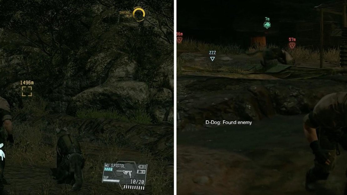 D-Dog (left) is a good choice for this mission because he can scout the enemies (right).