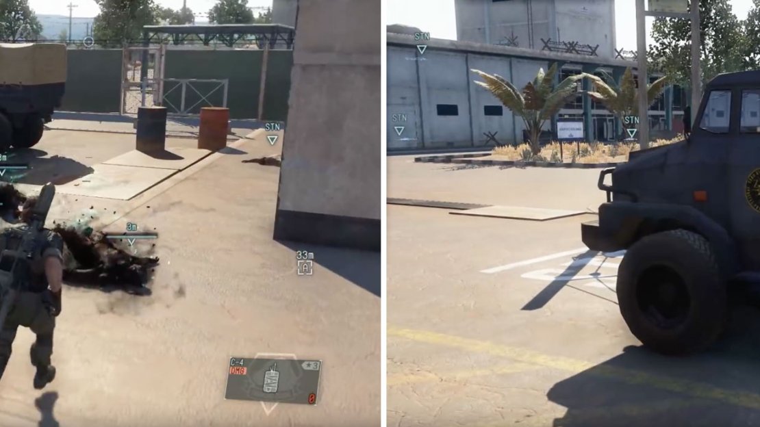 You can use C4 to kill the Skulls (left) then drive out of the hotzone or Fulton extract the truck (if you have the Fulton 3 upgrade) (right).