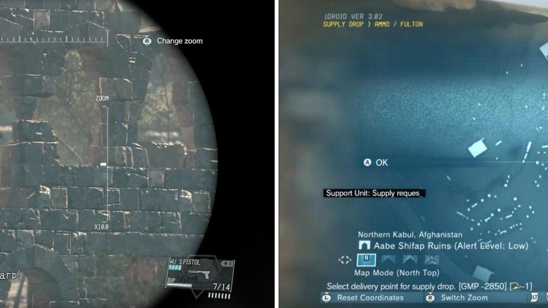 Locate Quiet using your sniper rifle or scope (left). Use the map to request a supply drop at Quiet’s location (right).