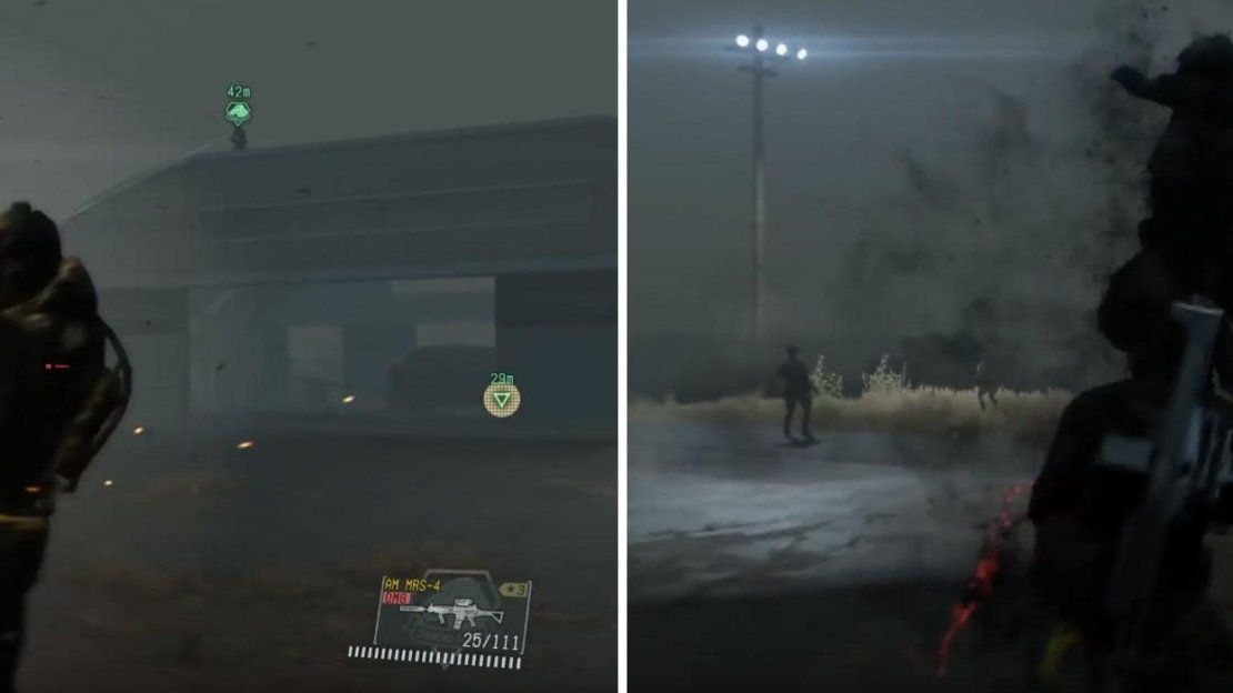 Quiet on the roof of the hanger (left) offers excellent covering fire. Try to counter the Skulls’ melee attacks for bonus damage (right).
