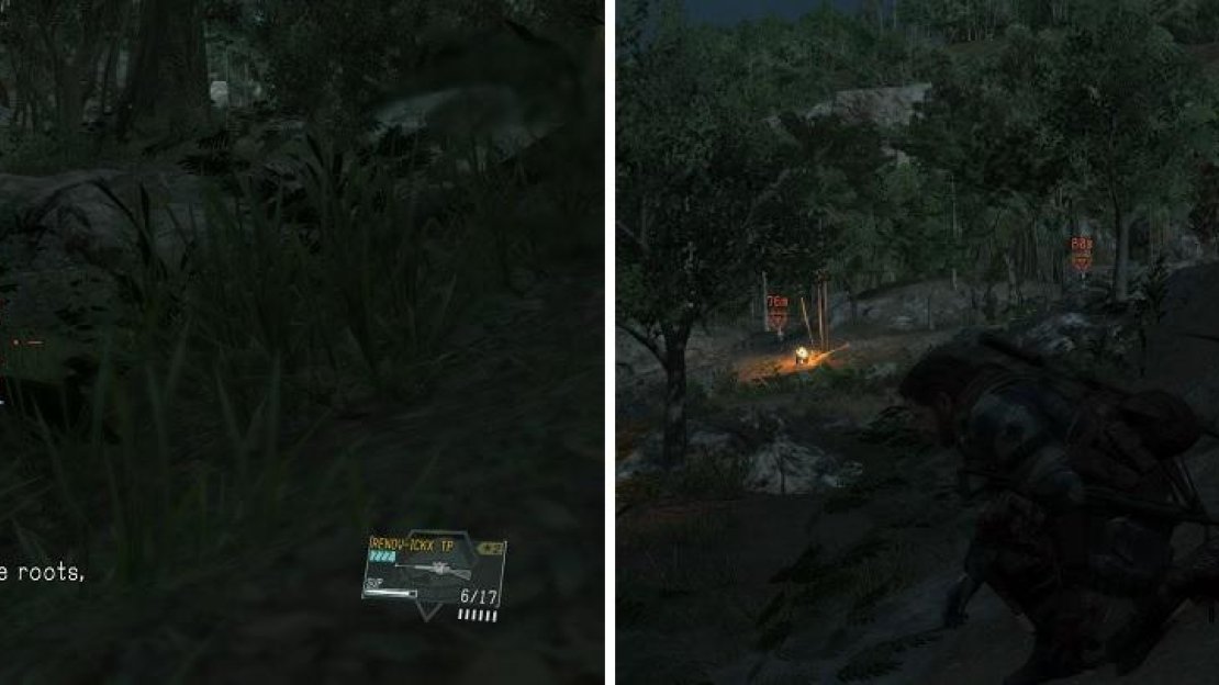 The enemies guarding the containers will be wearing full body armor (left), so you can’t use tranquilizer darts. Wait too long and a lot more enemies will show up (right).