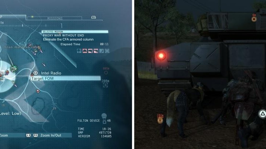 Head to the guard post shown on the map (left) and quickly clear it of enemies. The vehicles will stop here, making it easy to Fulton extract them (right).