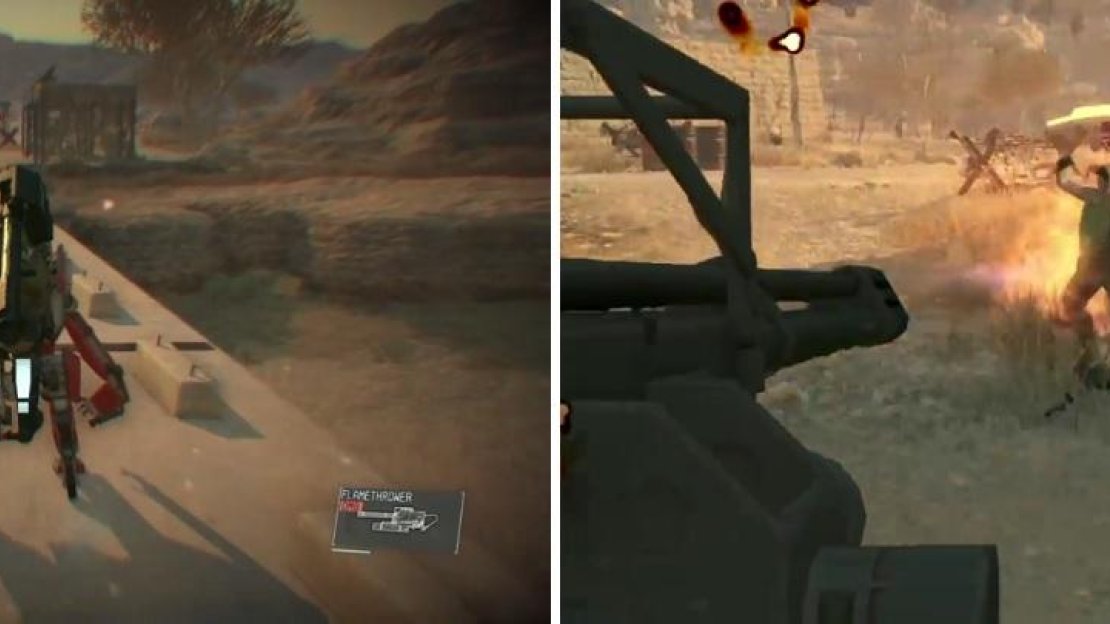 D-Walker has various functions, like a mode that makes it great for mobility (left). It can also equip a variety of weapons, like a gatling gun and even a flamethrower (right).