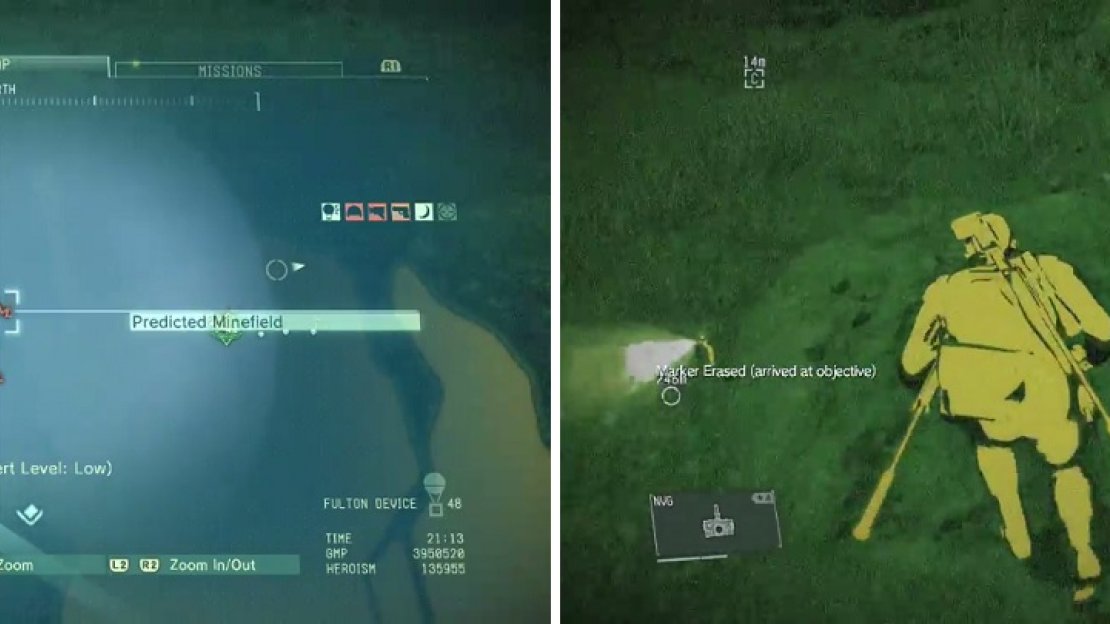 Bringing D-Dog along will have him mark the mines on your map (left). You can also use your nightvision goggles to find their locations (right).