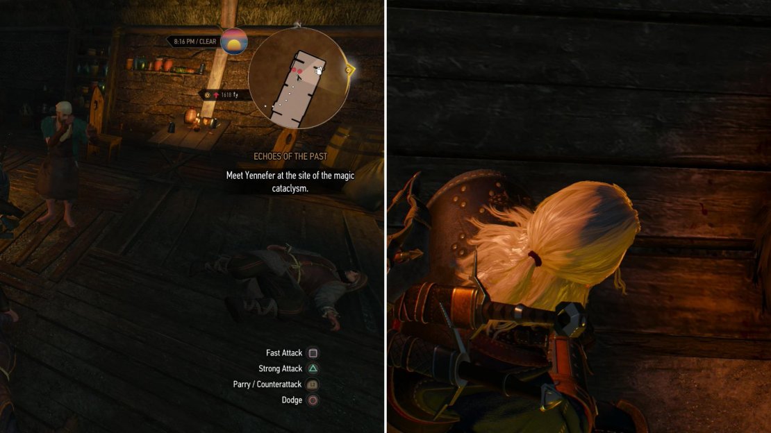 The Skelligers who confronted you earlier are back-and when they lose at fisticuffs, they’ll turn to steel (left). Although they can’t compete with a Witcher’s wrath, Jorund comes out of the fight considerably worse for wear as well (right).