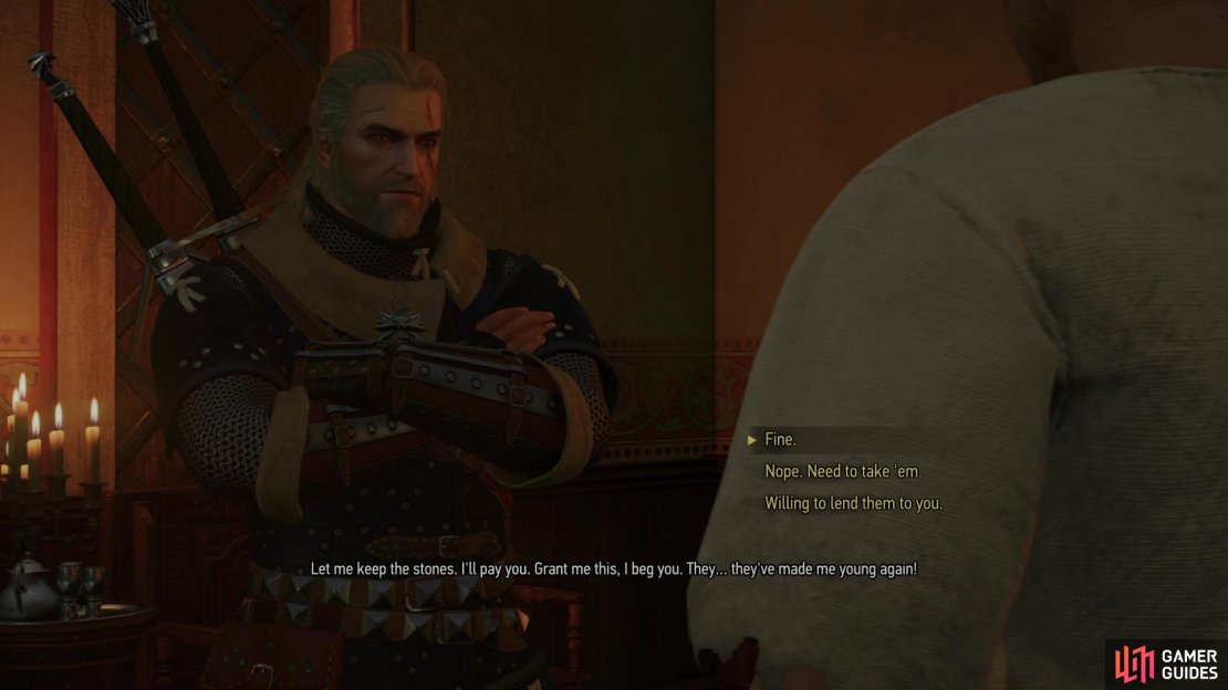 You can prove you possess the virtue of Compassion by letting Hughes keep Reginald’s stones, or Honor by taking them away.