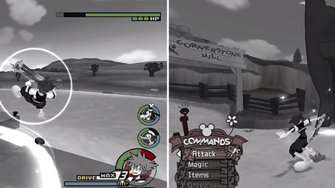 Pete’s attacks are similar to the other fights in that he stomps the ground (left). When he rolls the ball, you can knock it back with the Keyblade (right) to damage him.