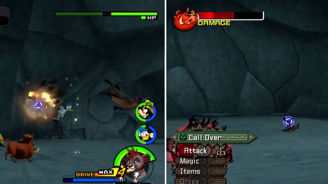 Using magic (left) against the hyenas is effective as you can knock them into the air. Call Pumba over (right) when you can to deal more damage to them.