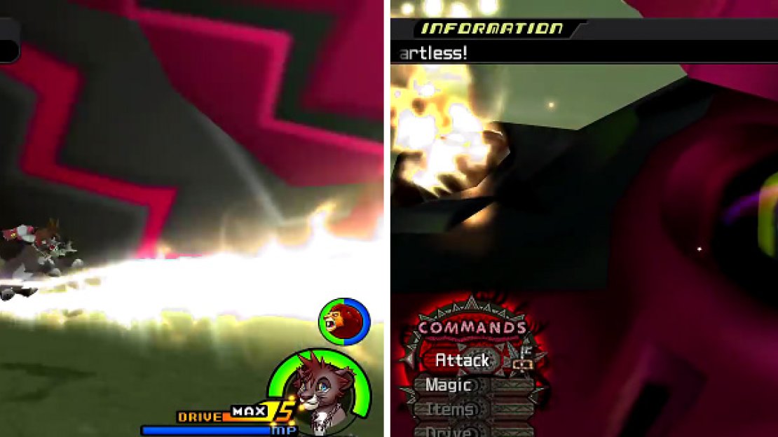 This battle will test your dodging skills (left). After you have used Fend, head straight for the eyes (right) to deal damage.