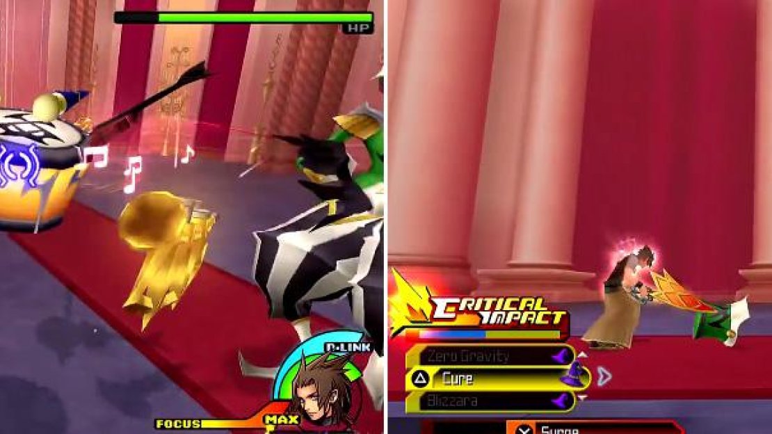 Destroying the instruments will make the battle a lot easier (left). Knocking his hat off (right) will result in him keeling over. Free shots!