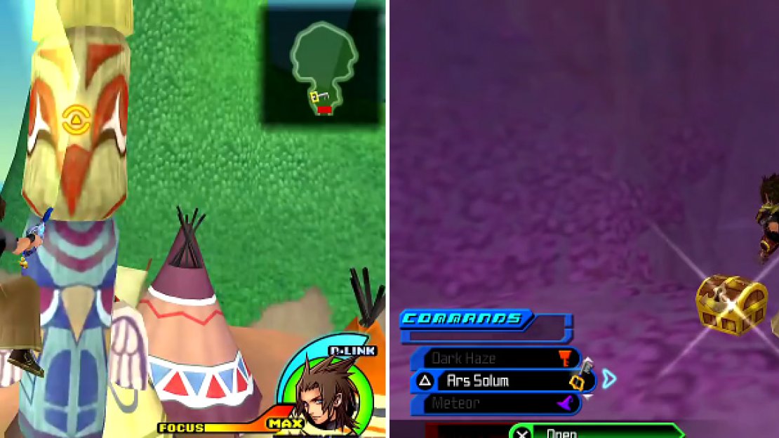 Bounce on the trampoline and hit the totem pole (left) to get Thundaga to drop. Search across the water (right) for chests spread around.