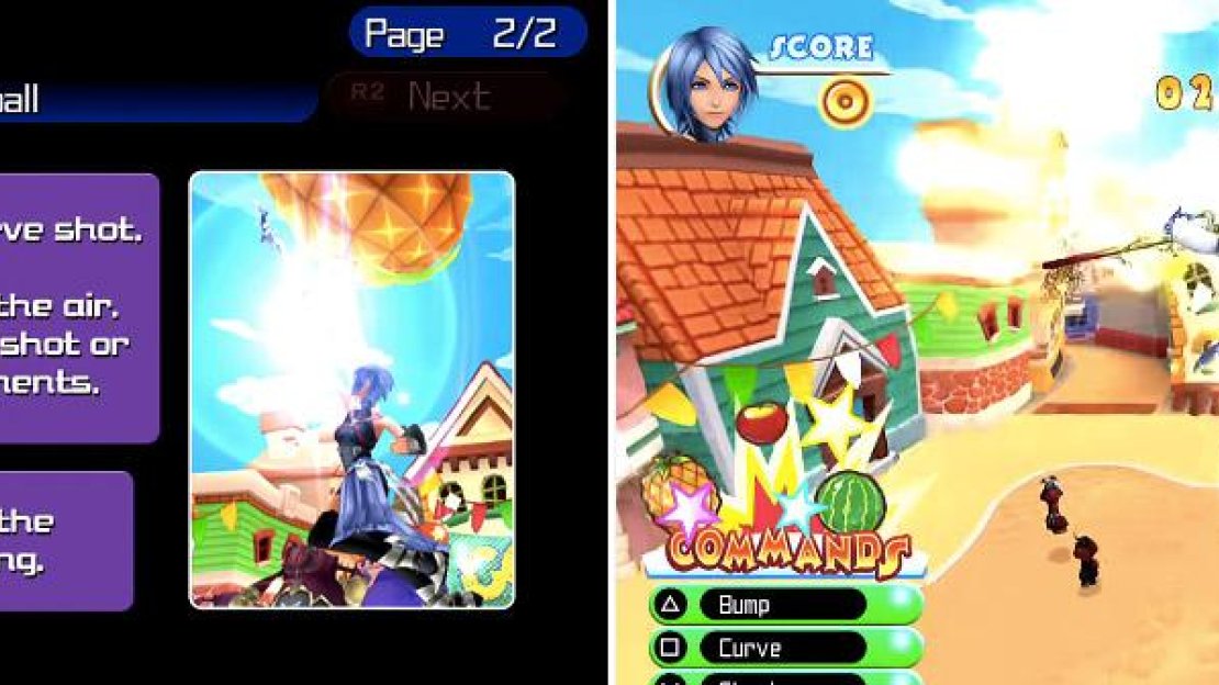 The objective is to shoot the fruit into the opponent’s goal (right). You can jump up high and blast it in, but you also must make sure you defend your own goal.