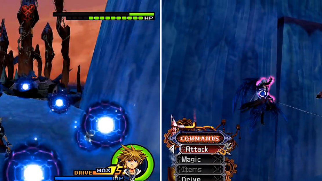 Shadow Flare (left) can be reflected but beware of Flash during this attack too. When Sephiroth starts glowing red and rising up (right) he is about to use Heartless Angel. Meet him up there to prevent this.