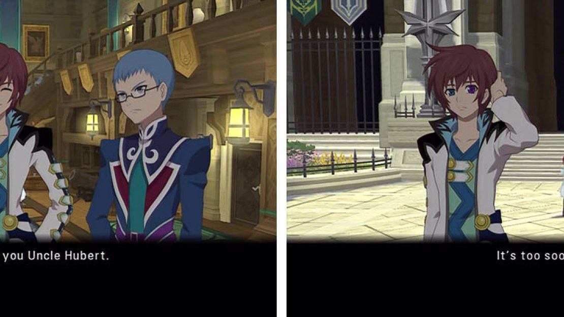 In Lhant you’ll get a discussion about Asbel’s mother becoming a grandmother (left) and then in Barona you’ll see the first of many skits with the Mask of Barona (right).