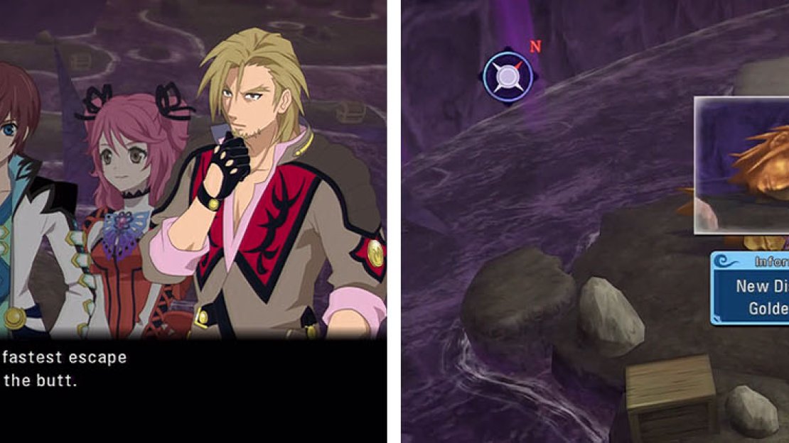 Watch the butt happy skit (left) and then head west for a fight and to find a discovery (right).