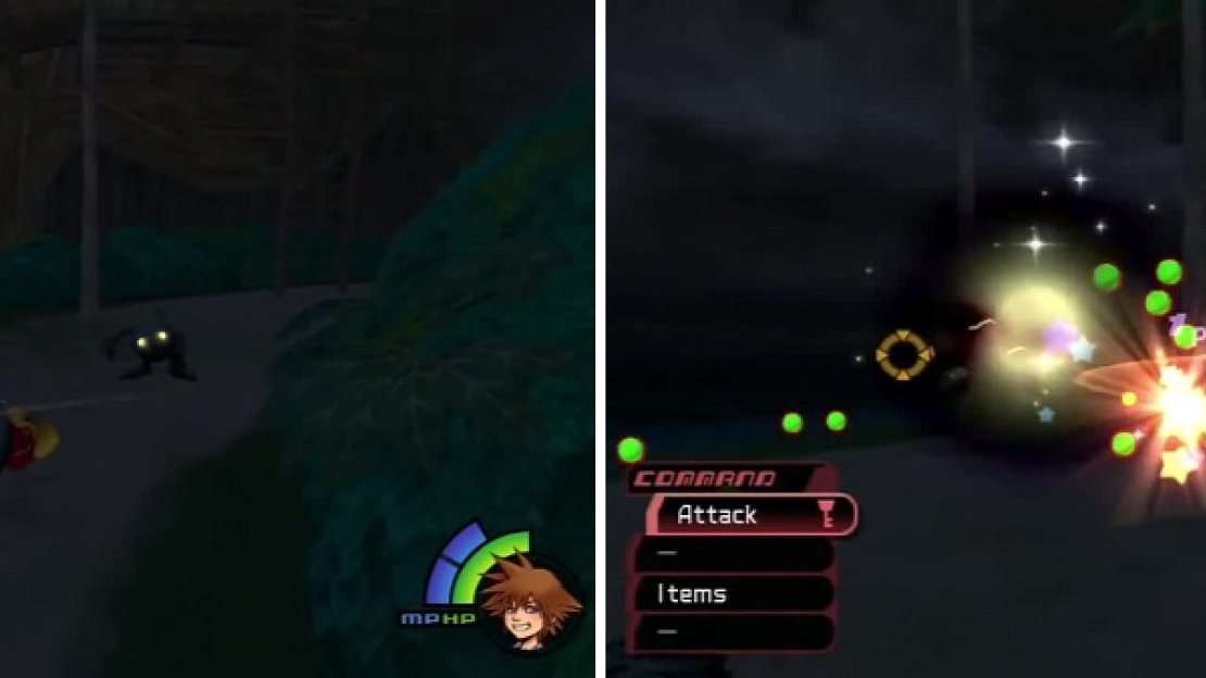 Dodge the Shadows as your wooden sword has no effect! (left) Once Sora obtains the Key Blade, lay into the Heartless. (right)