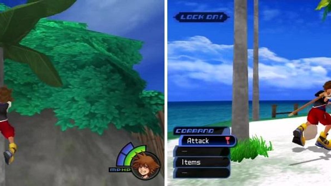 Climb up the skinny tree (left) and you can spot the Seagull Egg. Hit the trees until they drop a green Coconut (right).