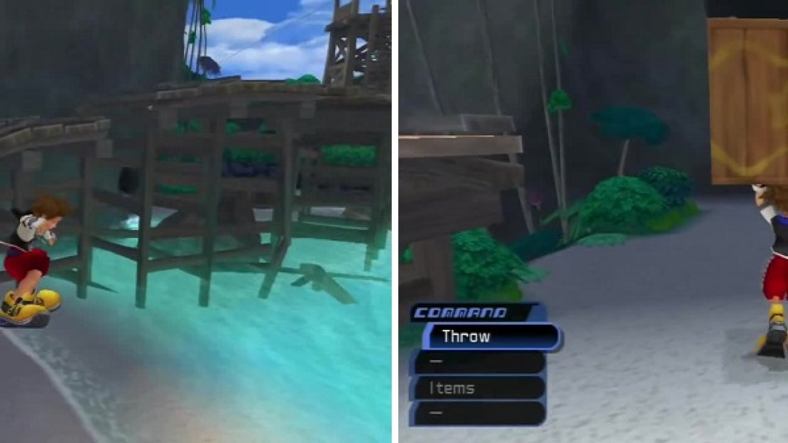 Don’t bother following Riku when the race starts (left), just run off the edge. Once that is over, pick up the box (right) and throw it as close to a hole in the wall so help you reach a chest.