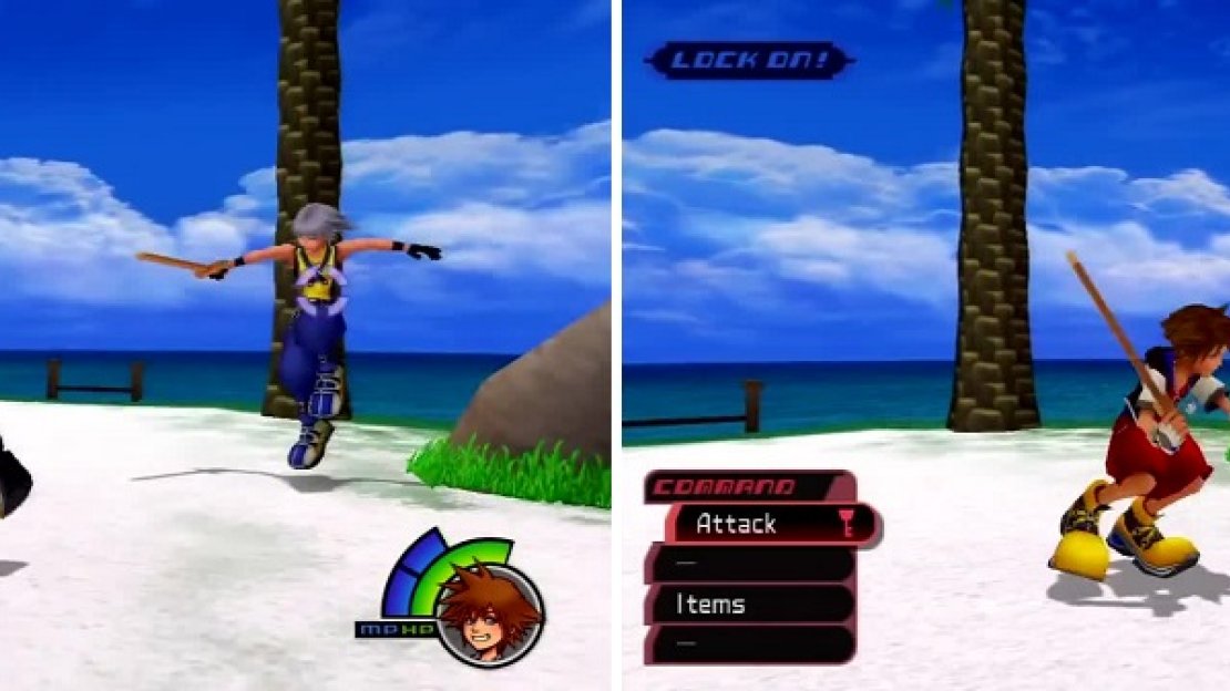 Beware of Riku jumping behind you (left), and get out of the way when he crouches low to the ground (right).