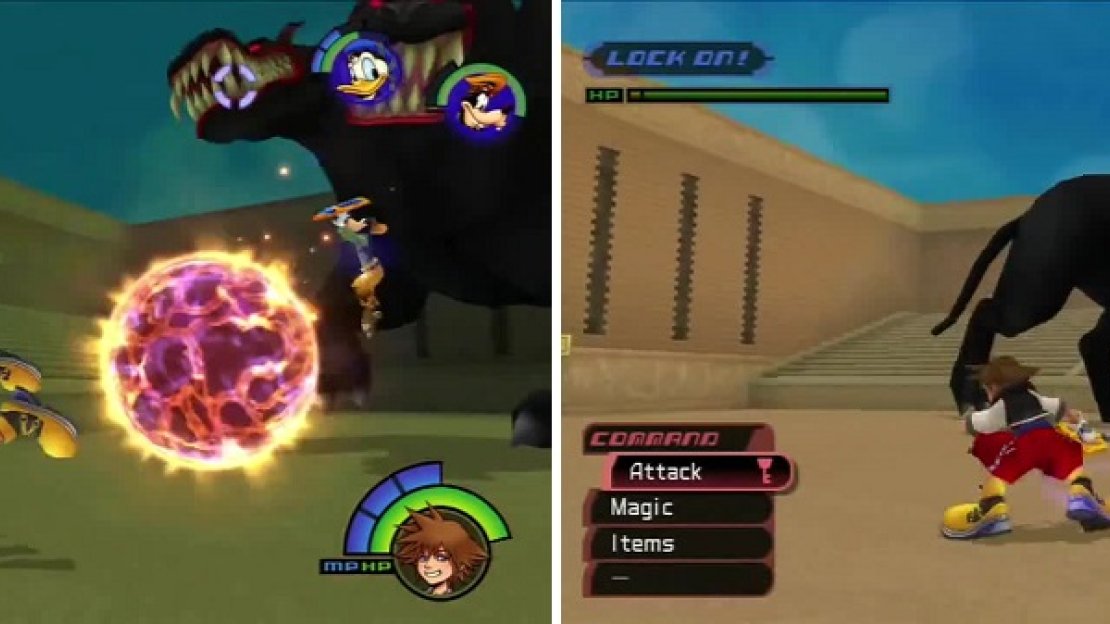Cerberus unleases meteors to attack you (left) and spews darkness from his mouth (right).