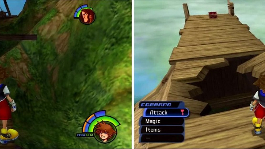 Sora can make the jump (left) to reach a ladder. That ladder will let you onto the roof with a chest (right).