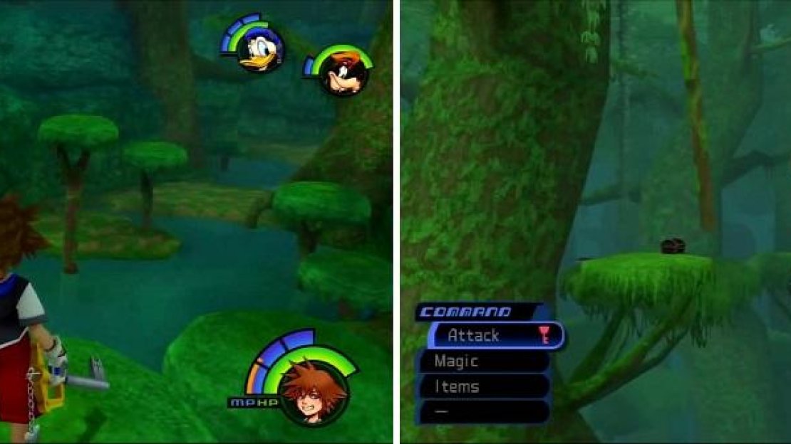 This chest in the Hippo’s Lagoon can be reached with a well timed swing of the keyblade. Swing from vine to vine (right) to reach the Chest with Dalmations inside.