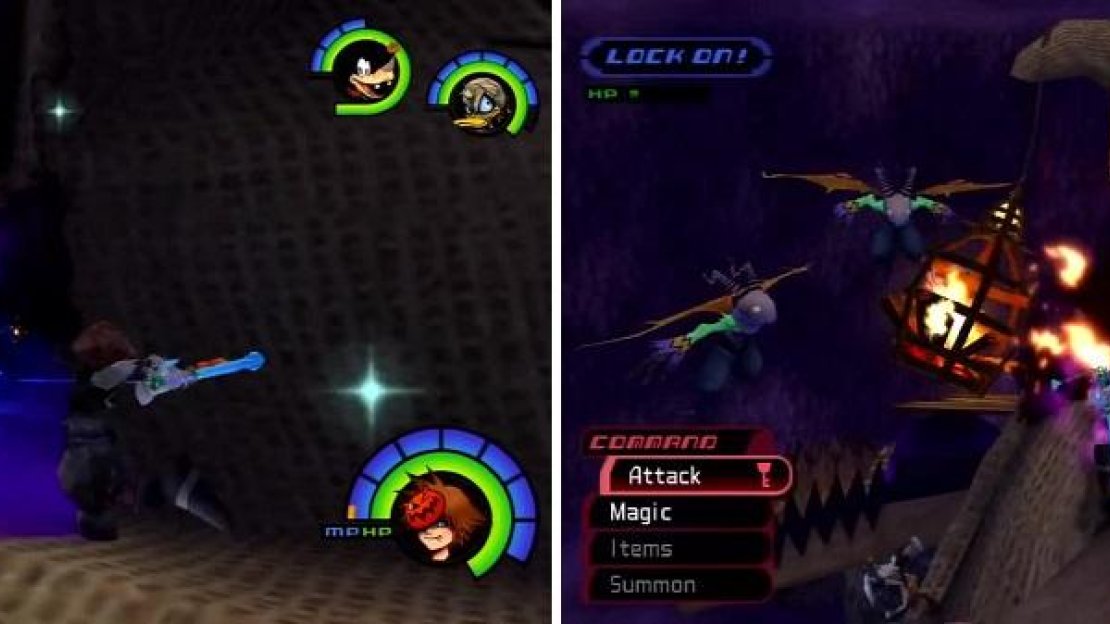 Dark purple orbs have appeared (left) that you need to destroy. Gargoyles and fireballs (right) try to hamper your efforts.