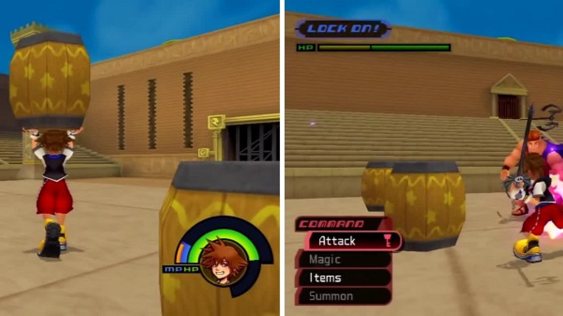 Hercules is taunting (right) so pick up a barrel and toss it at him. Once his glow is gone, (right) attack.