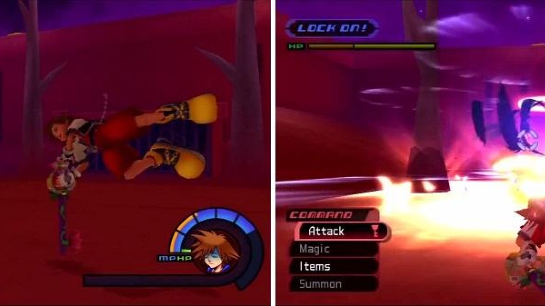 Sephorith prepares to use his Heartless Angel attack (left), which will leave Sora hurting (right) if not stopped.