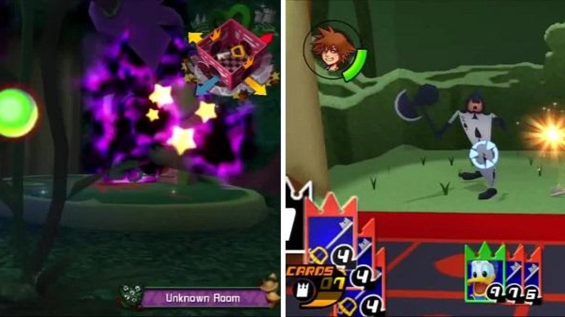 Attack the flower to gain access to more rooms (left). Sora uses cards to fight other cards, who are also using cards (right). Card-ception.