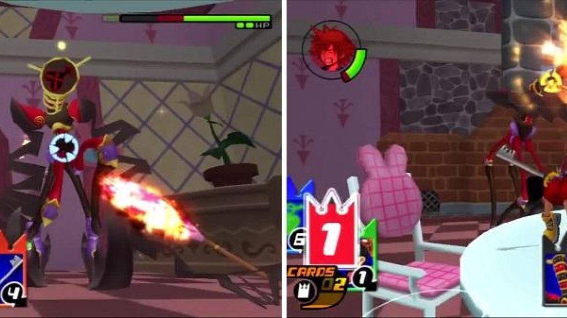 Trickmaster becomes stunned (left) after Sora lays on a few hits. Sora fails to dodge the flaming batons of pain (right).
