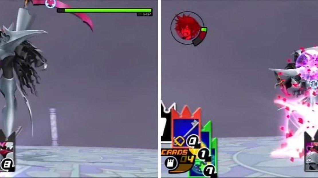 Marluxia brings the pain with one-two from his deadly scythes (left). Sora takes a hit from the laser firing blossoms (right)