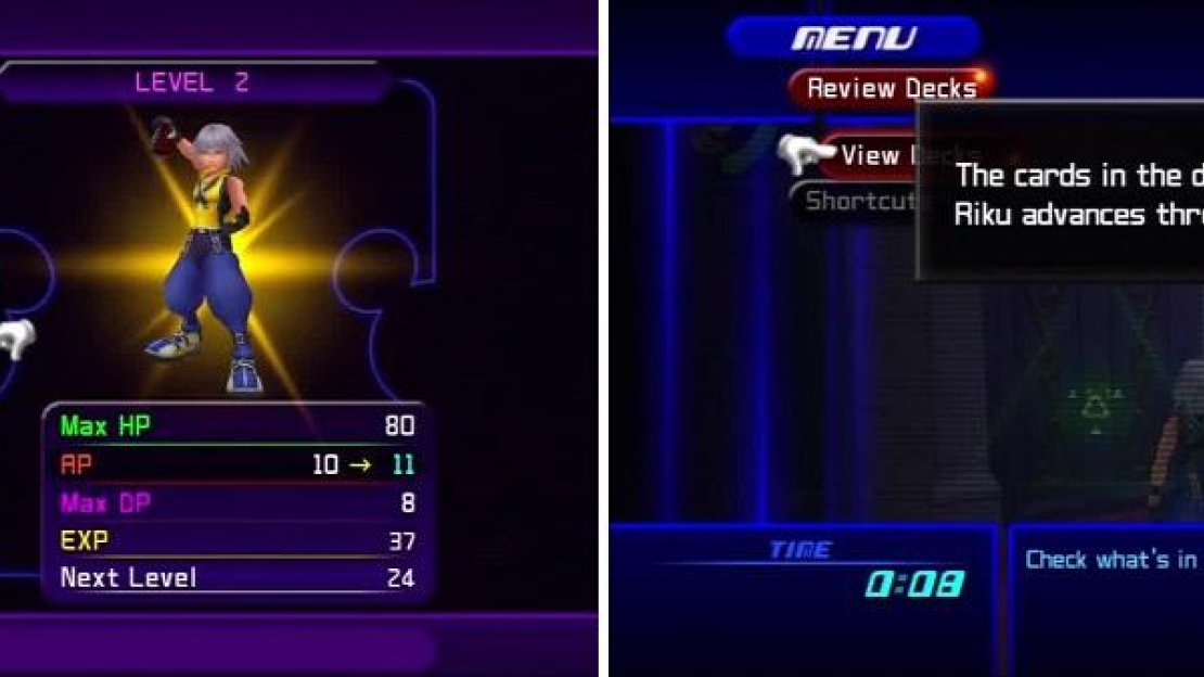 Level up options are different for Riku (left) and his deck is not customizable (right).