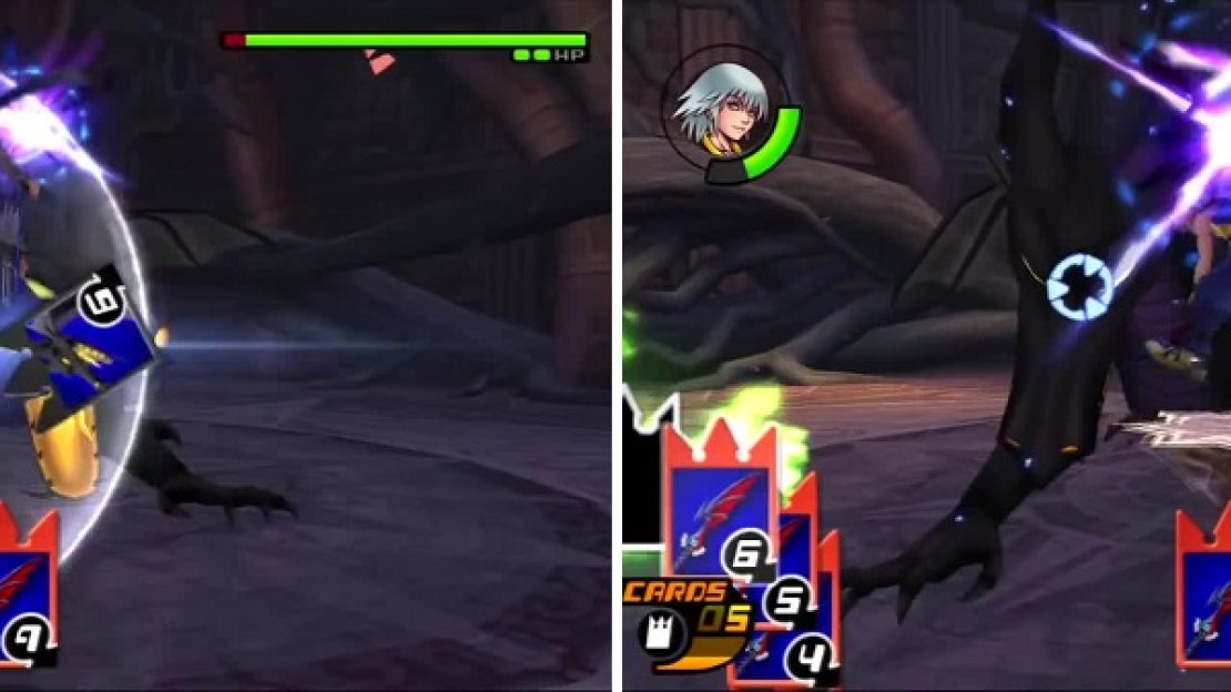 Riku starts the battle off with a cardbreak (left). Riku has the chance to unleash multiple attacks while avoiding the fire on the ground (right).