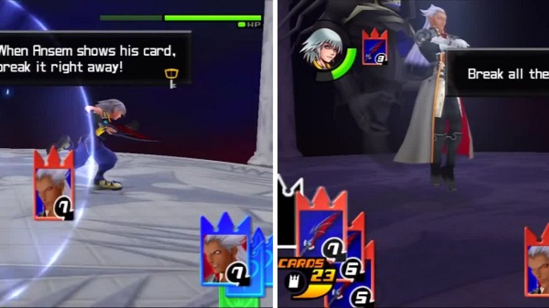 Cardbreak Ansem’s cards until you get a Rapid Break (left). Break Ansem’s cards to win this duel (right).