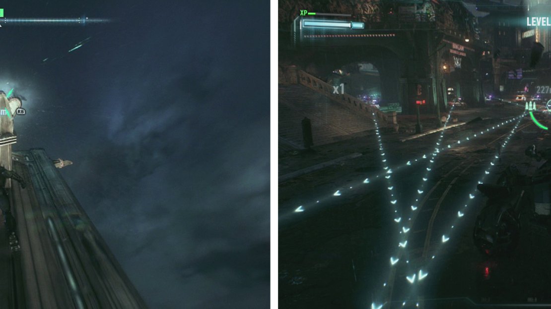 Fly to the top of Wayne Tower (left) for a Batmobile upgrade. Clear out the Drone Tanks from the entrance to the tunnel (right).