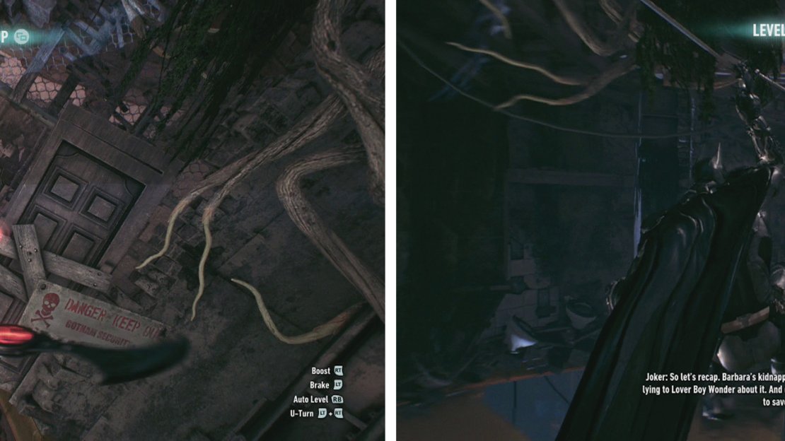 Use the Remote Batarang to hit the button (left) and ues the Line Launcher (right) to cross the gap.