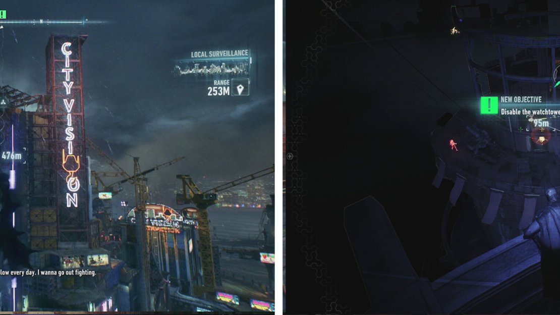 Make your way to the top of an adjacent building (left) and look over the target area (right) to plan your attack.