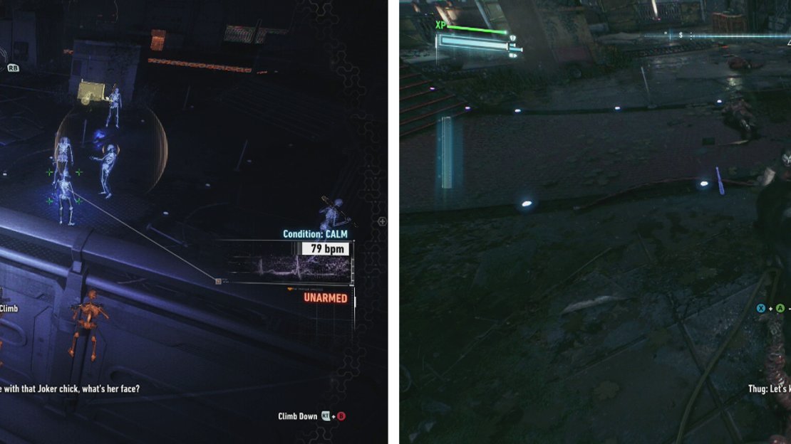 Use the Dirsuptor to disable the guns (left) and then jump in to fight the enemies below (right).