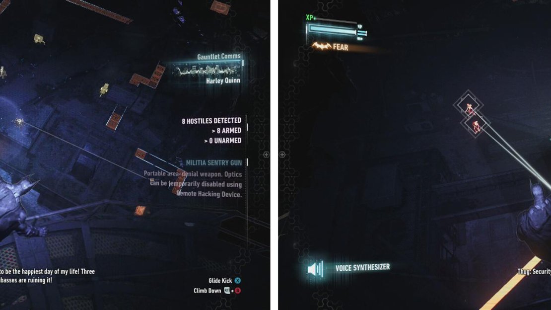 The enemies will spread out across the entire rooftop (left). You can now use the Voice Synthesizer to order enemies about (right).
