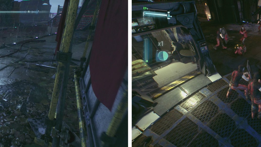 Disable the Sentry Turrets by the door (left) before heading inside. Fight off enemies with Robin in a dual-combat situation (right).
