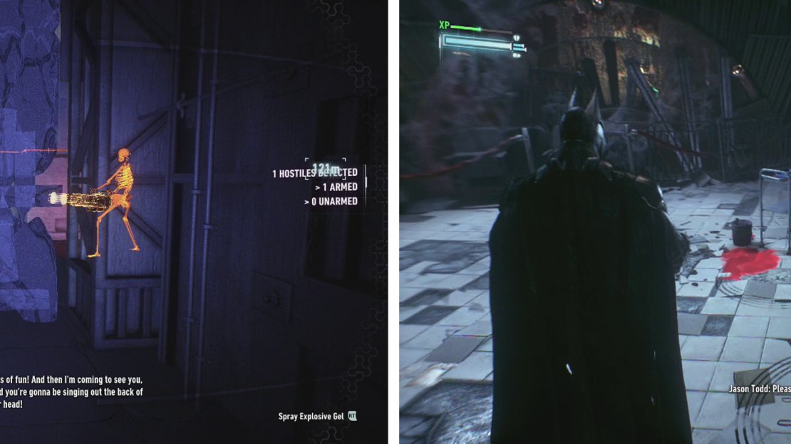 Use Explosive Gel to take down the wall and the Minigunner (left). Interact with the wheelchair to continue (right).