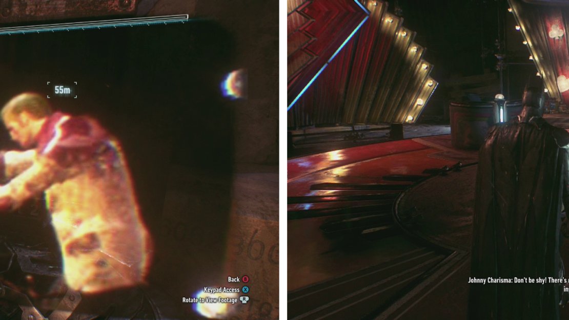 In the video look in the mirror to find the pass code (left). Approach the fellow on the stage (right).