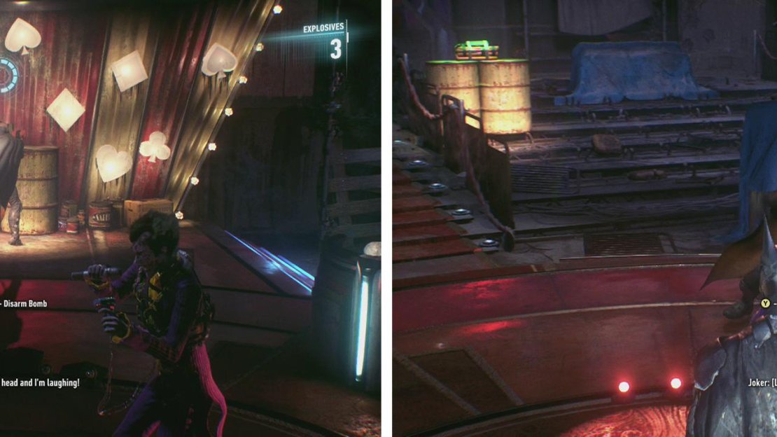 Walk around the room and disarm all the bombs (left) and then sneak up and perform a takedown (right).
