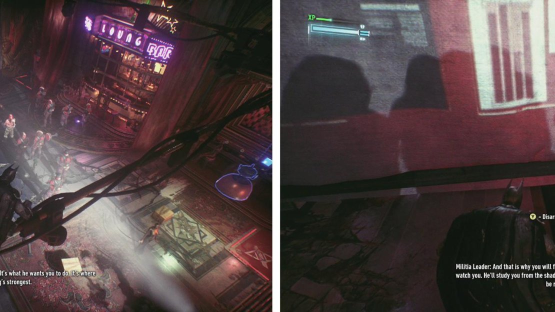 Sneak across the wires here (left) before dropping down behind the wall, approaching and taking down the leader from behind (right).