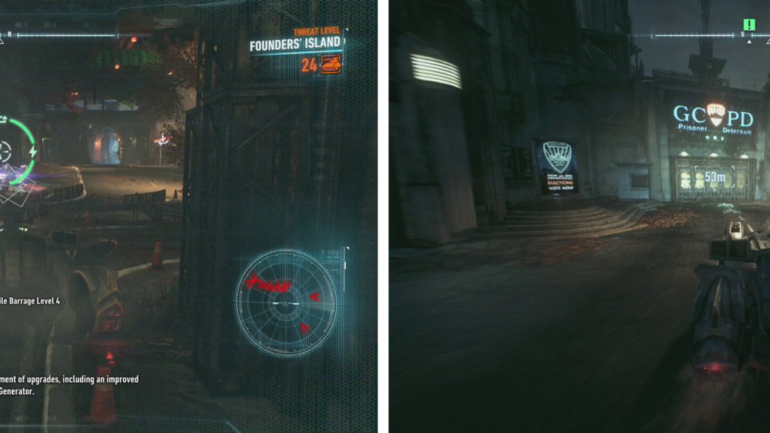 Take out the squadron of Drone Tanks (left) and then return to the GCPD precinct (right).